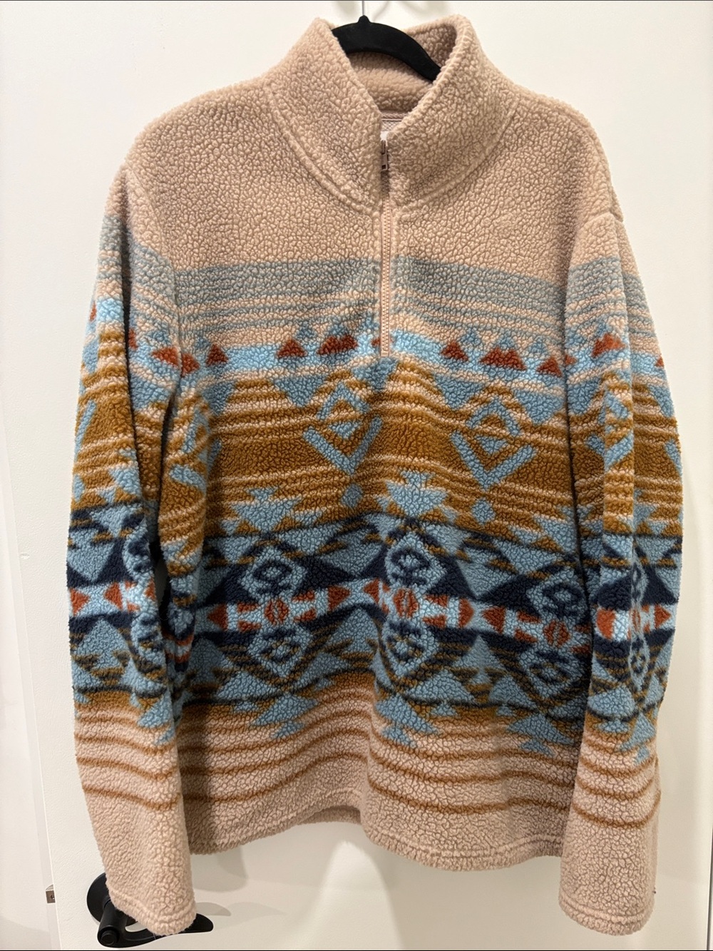 Sun + Stone Men's Half-Zip Sherpa Sweater in Beige with Desert Pattern, size L